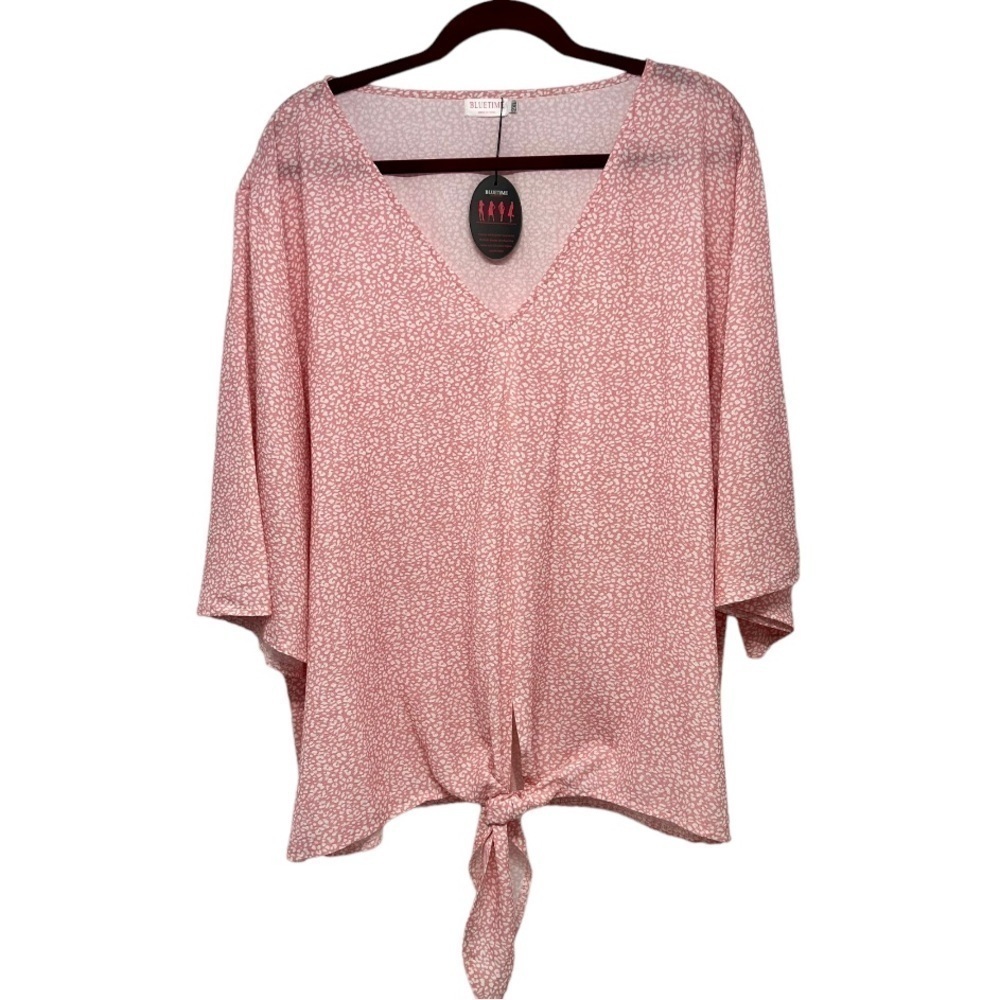 Bluetime NEW Pink & White Print V Neck 3/4 Sleeve Tie Front Top Women’s 2XL - Picture 3 of 9